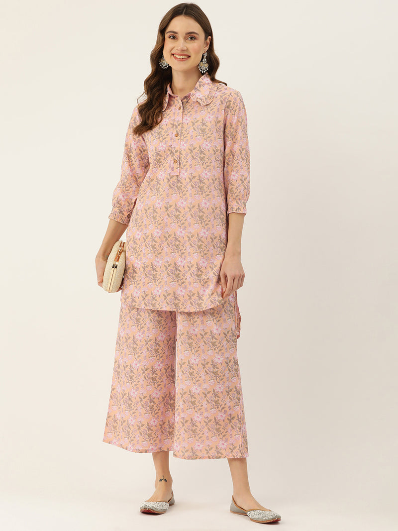 Pink Elegant Collared Co-Ord Set with Frill Detail & Elasticated Pants
