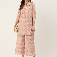 Pink Elegant Collared Co-Ord Set with Frill Detail & Elasticated Pants
