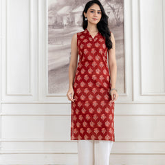 Elegant Sleeveless Cotton Printed Straight Kurta with Refined V-Neckline