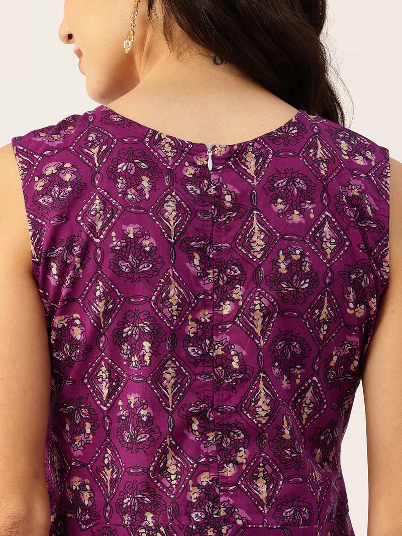 Elegant Floral Sleeveless A-Line Kurti with Back Zip Closure