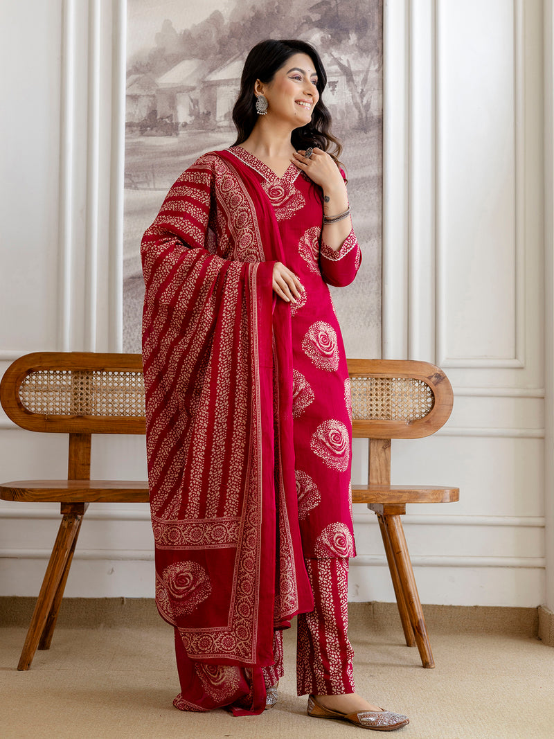 Bordered V-Neck 3-Piece Kurta Set with Ankle-Length Pants & Full-Length Dupatta (M–XXL)