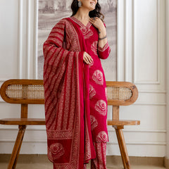 Bordered V-Neck 3-Piece Kurta Set with Ankle-Length Pants & Full-Length Dupatta (M–XXL)