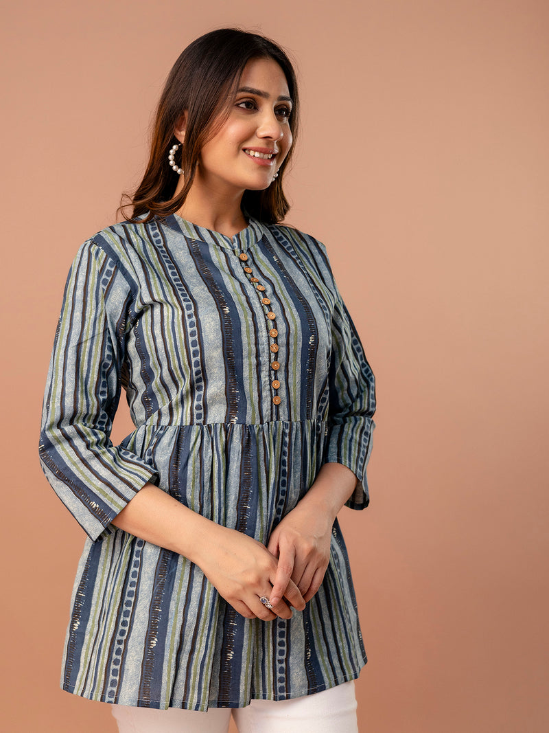 Top – Mandarin Collar, 3/4 Sleeves, Flattering Fit (Sizes S–XXL)