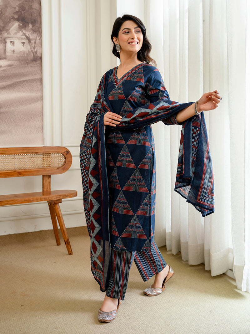 Bordered V-Neck 3-Piece Kurta Set with Ankle-Length Pants & Full-Length Dupatta (M–XXL)