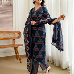 Bordered V-Neck 3-Piece Kurta Set with Ankle-Length Pants & Full-Length Dupatta (M–XXL)