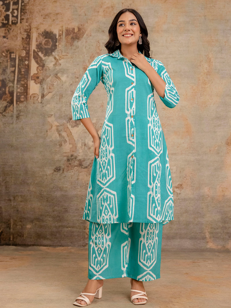 Light Green Women’s Co-Ord Set–Printed Collared Kurta with 3/4 Sleeves & Elastic Waist Pants