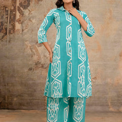Light Green Women’s Co-Ord Set–Printed Collared Kurta with 3/4 Sleeves & Elastic Waist Pants