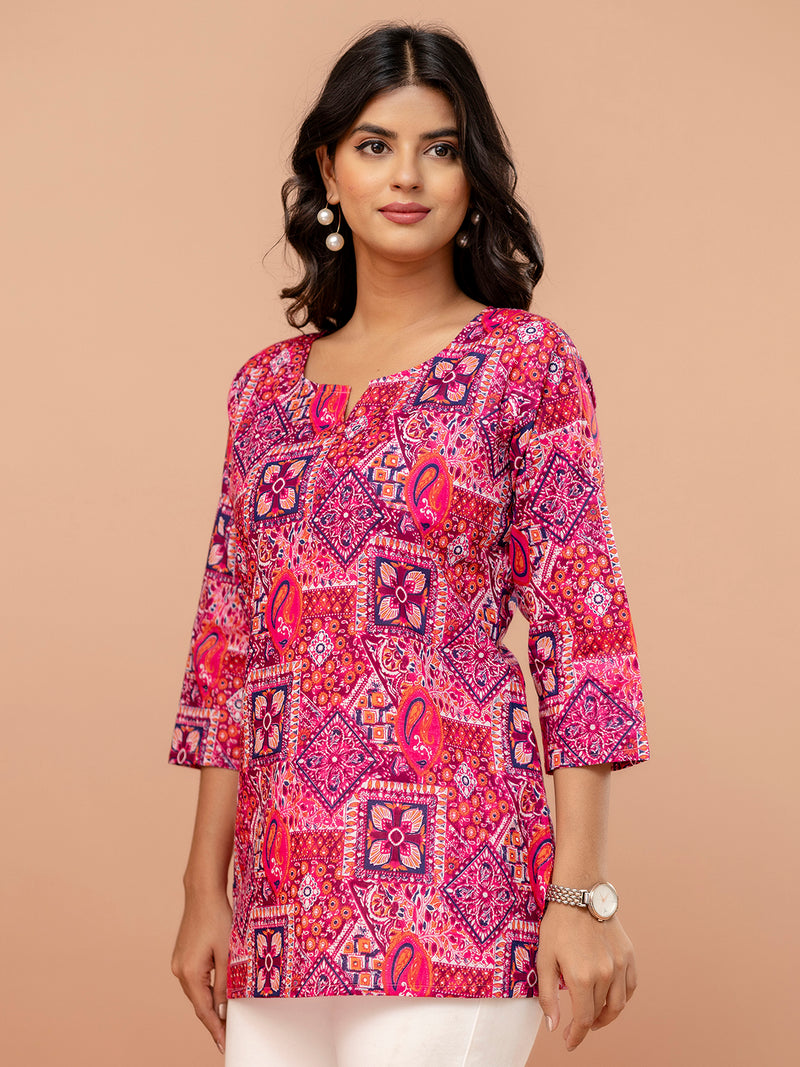Elegant Printed Short Kurti – Soft Cotton, Everyday Style, Sizes S–XXL.