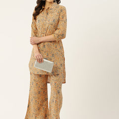 Multicolor Elegant Collared Co-Ord Set with Frill Detail & Elasticated Pants