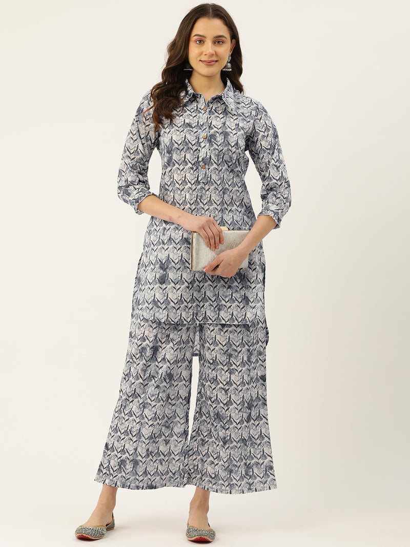 Grey Elegant Collared Co-Ord Set with Frill Detail & Elasticated Pants