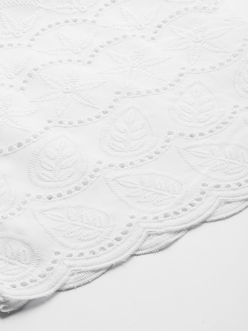 White Embroidered Palazzos–Fully Lined, Elastic Waist & Ankle-Length with Side Pocket