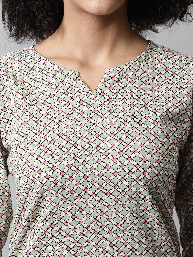 Green Printed Cotton Night Suit with V-Neck Kurti & Ankle-Length Pants