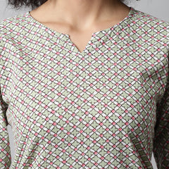 Green Printed Cotton Night Suit with V-Neck Kurti & Ankle-Length Pants