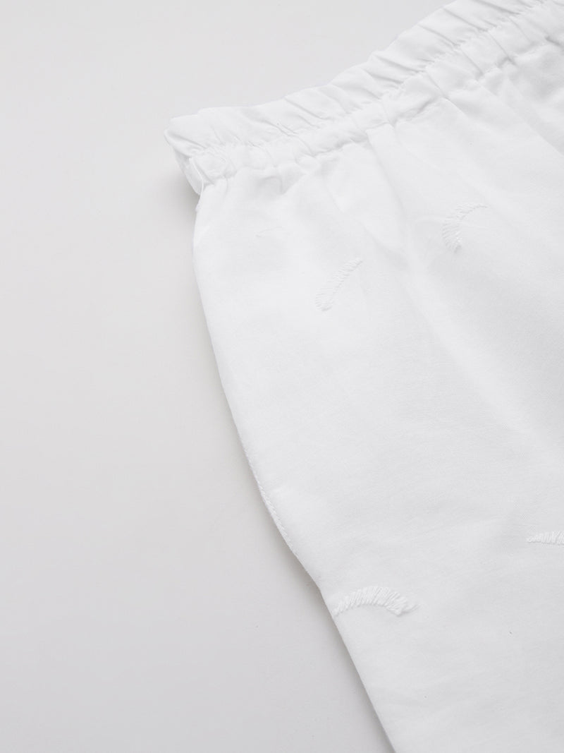 White White Embroidered Cotton Palazzos–Elastic Waist & Ankle-Length with Side Pocket