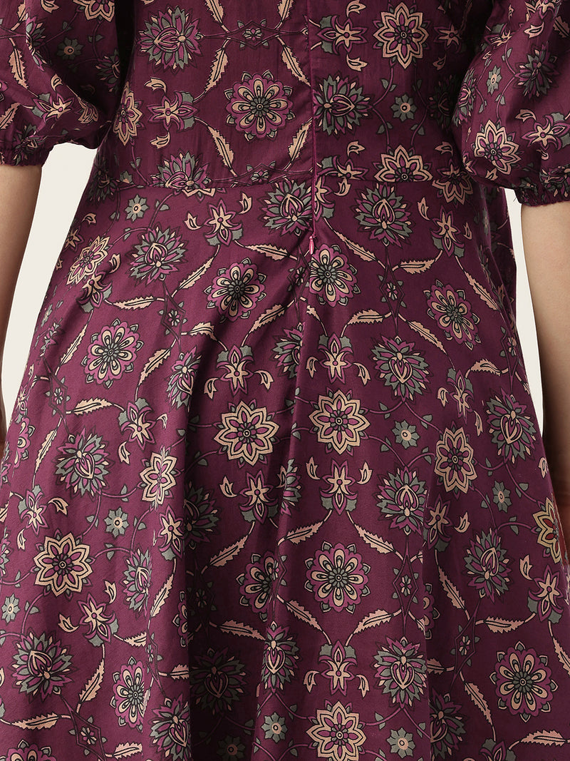 Women's Pure Cotton Floral Printed A-Line Gown with 3/4 Puff Sleeves & V-Neck