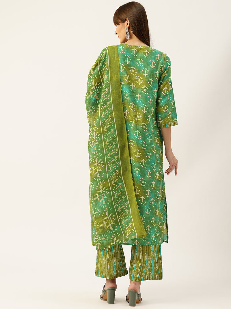 Bordered V-Neck 3-Piece Kurta Set with Ankle-Length Pants & Full-Length Dupatta (Size S-XXL).