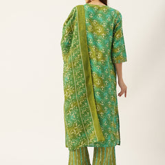 Bordered V-Neck 3-Piece Kurta Set with Ankle-Length Pants & Full-Length Dupatta (Size S-XXL).