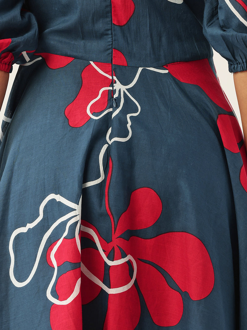 Women's Pure Cotton Floral Printed A-Line Gown with 3/4 Puff Sleeves & V-Neck