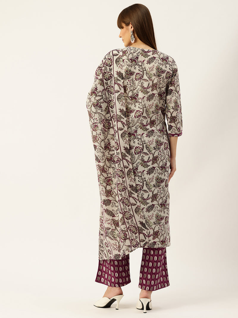 Round V-Cut Neck 3-Piece Kurta Set with Ankle-Length Pants & Full-Length Dupatta (Size S-XXL).