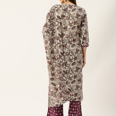 Round V-Cut Neck 3-Piece Kurta Set with Ankle-Length Pants & Full-Length Dupatta (Size S-XXL).