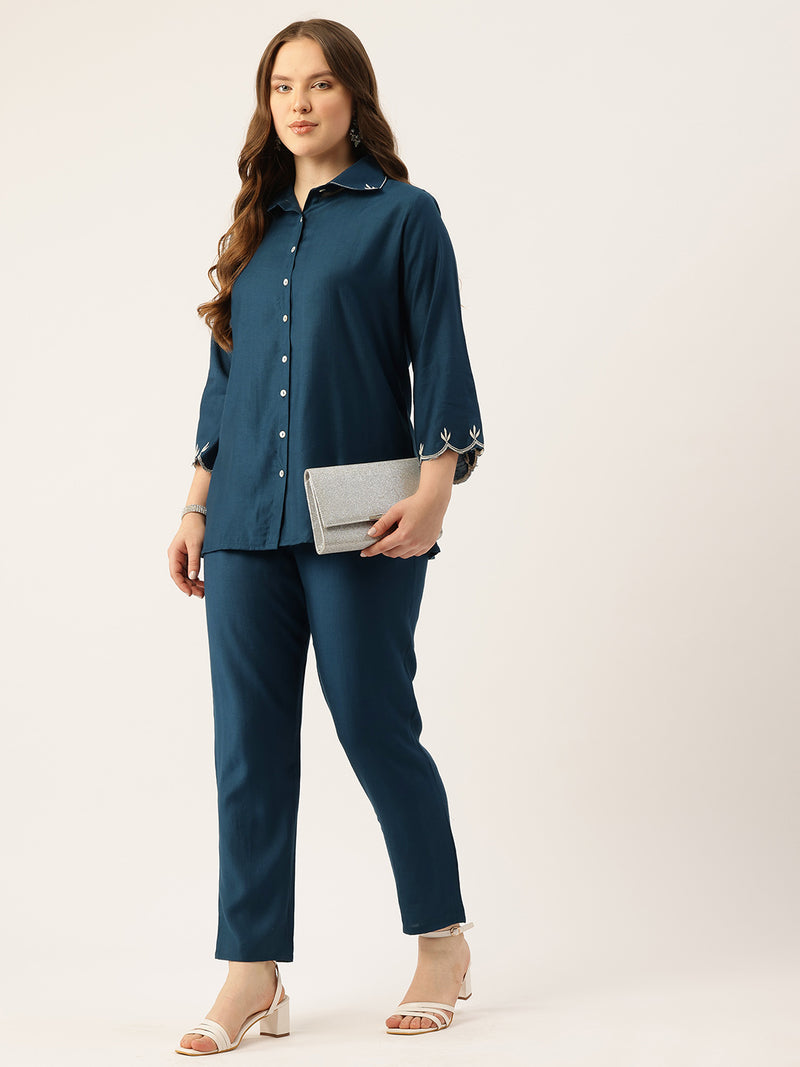 Blue Women's Embroidered Co-ord Set - Viscose Fabric Sleeveless Shirt and Pant