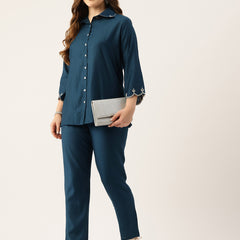 Blue Women's Embroidered Co-ord Set - Viscose Fabric Sleeveless Shirt and Pant