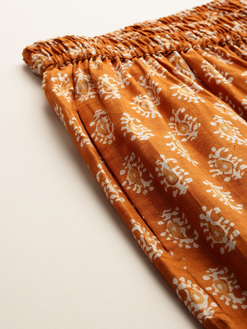 Gold Women Pure Cotton Paisley Printed Palazzo Pants | Elastic Waist | Wide Leg