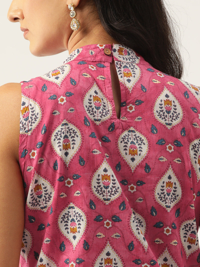 Cotton Printed Sleeveless Straight Long Kurti