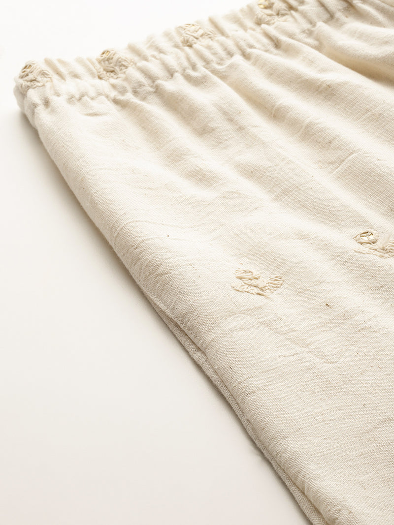 Beige Beige Palazzo|Embroidered, Flax Cotton, Sequin Detail, Ankle-Length, Single Pocket