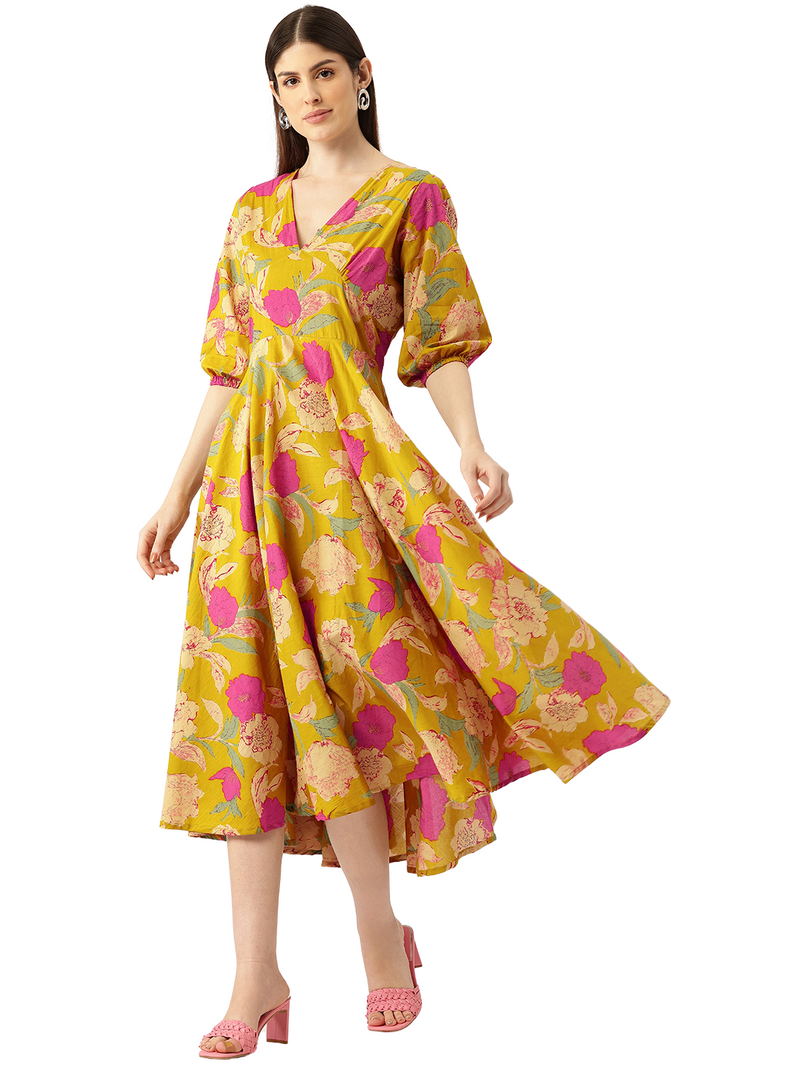 Women's Pure Cotton Floral Printed A-Line Gown with 3/4 Puff Sleeves & V-Neck