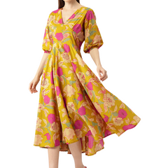 Women's Pure Cotton Floral Printed A-Line Gown with 3/4 Puff Sleeves & V-Neck