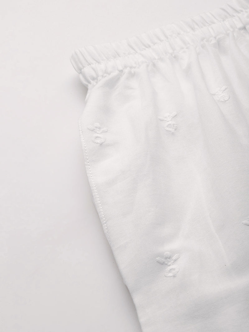 White White Embroidered Cotton Palazzos–Elastic Waist & Ankle-Length with Side Pocket