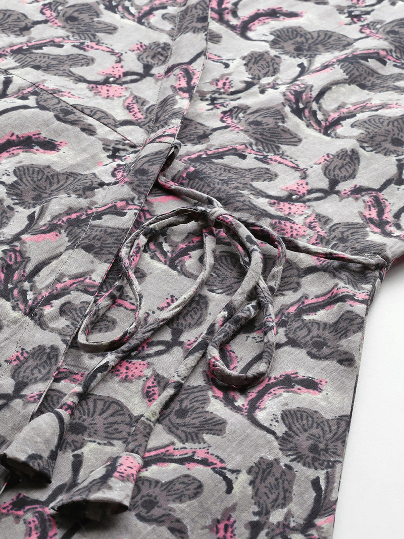 Floral Print Angrakha 3\4 Sleeves Flared Kurti