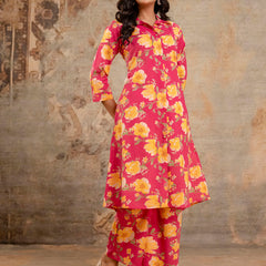 Red Women’s Co-Ord Set–Printed Collared Kurta with 3/4 Sleeves & Elastic Waist Pants