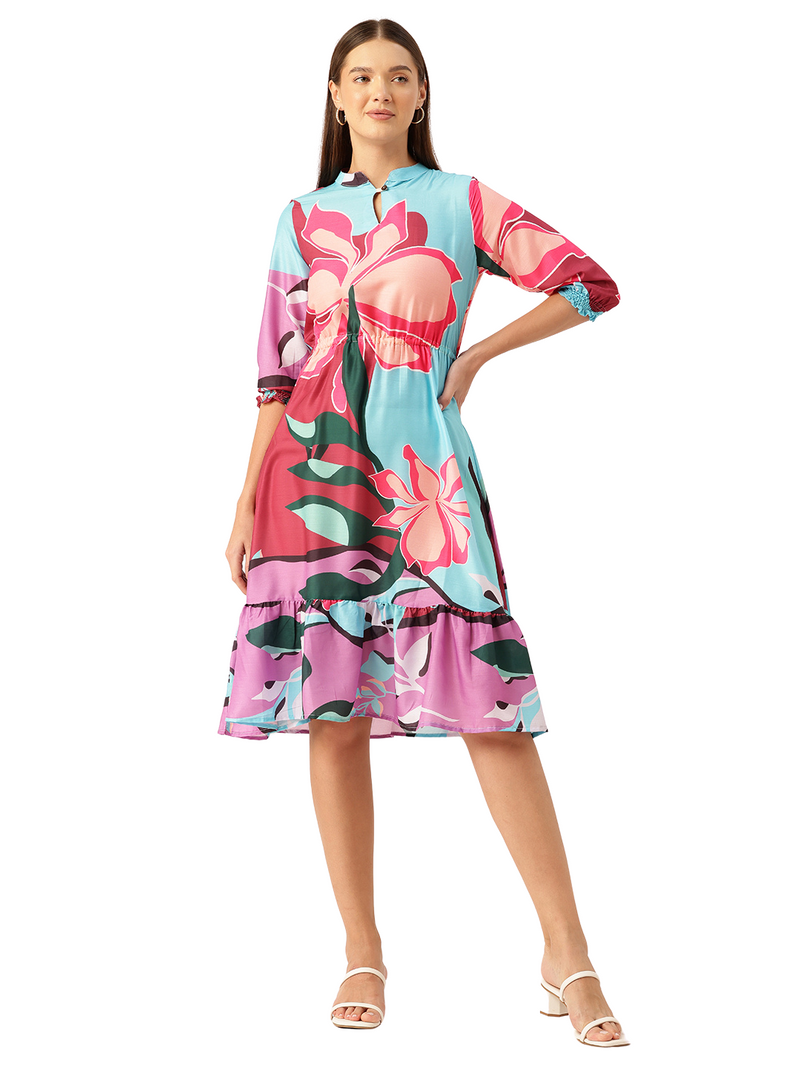 Women’s Multi-Color Muslin Floral Dress with Mandarin Collar & 3/4 Smocked Sleeves