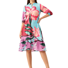 Women’s Multi-Color Muslin Floral Dress with Mandarin Collar & 3/4 Smocked Sleeves