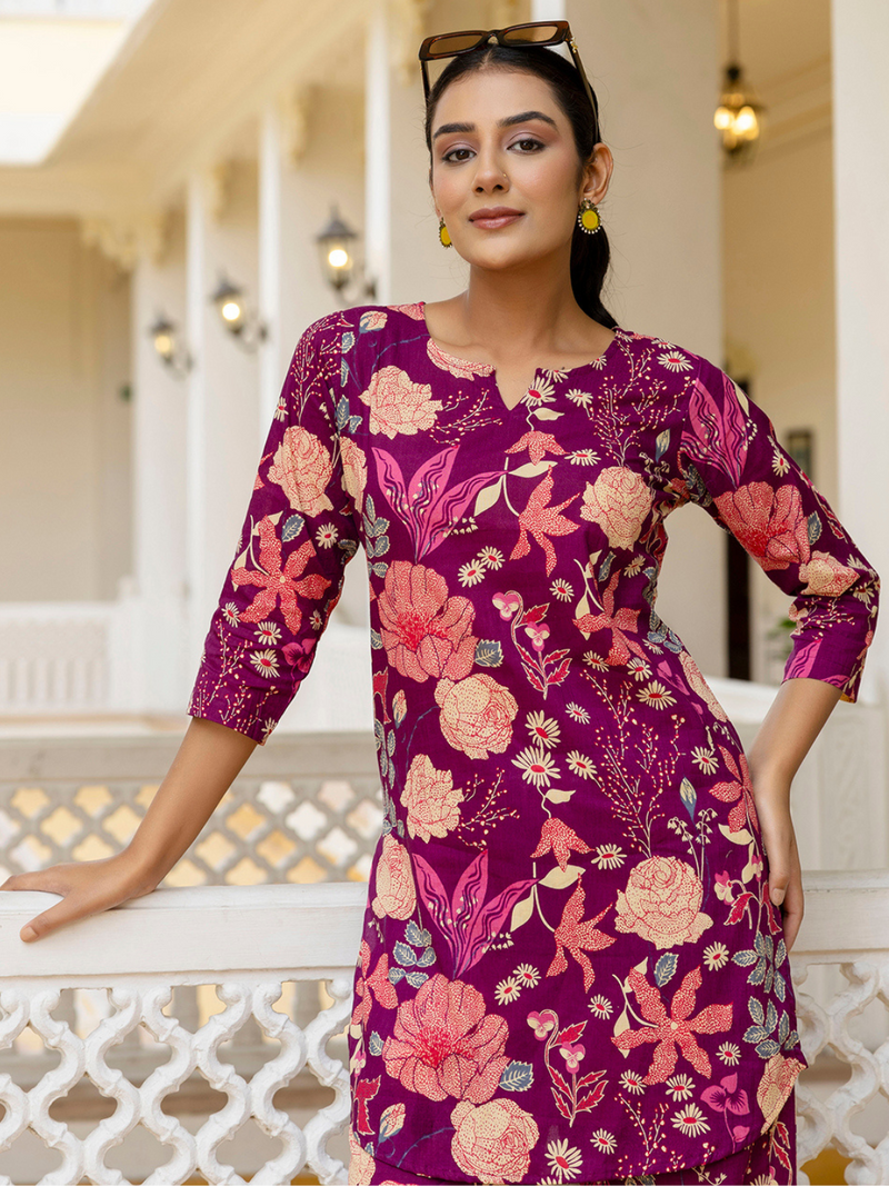 Purple Breezy Printed Cotton Co-Ord Set for Comfortable All-Day Wear