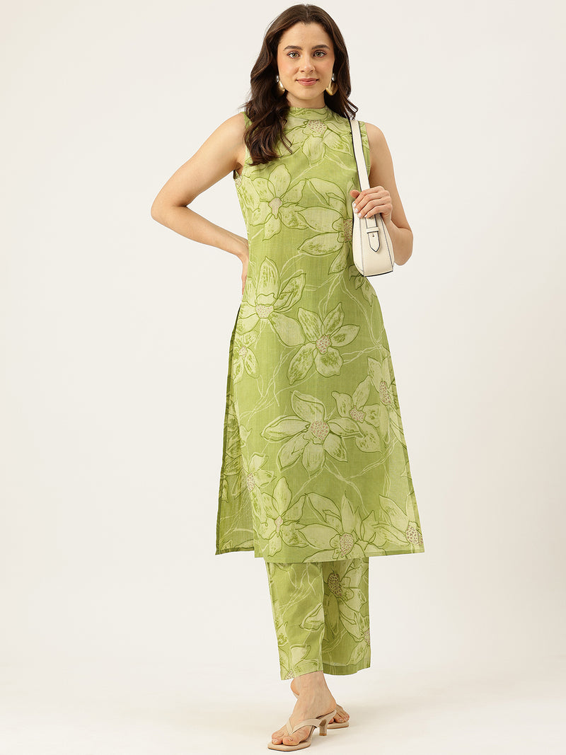 Floral Sleeveless Cotton Co-Ord Set with Choker Neckline – Pure Cotton | Sizes S–XXL