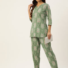 Green Printed Cotton Night Suit with V-Neck Kurti & Ankle-Length Pants