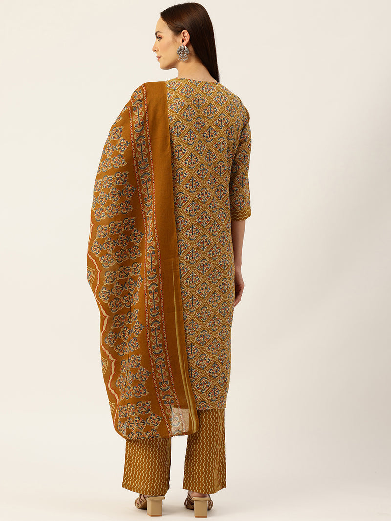 Round V-Cut Neck 3-Piece Kurta Set with Ankle-Length Pants & Full-Length Dupatta (Size S-XXL).