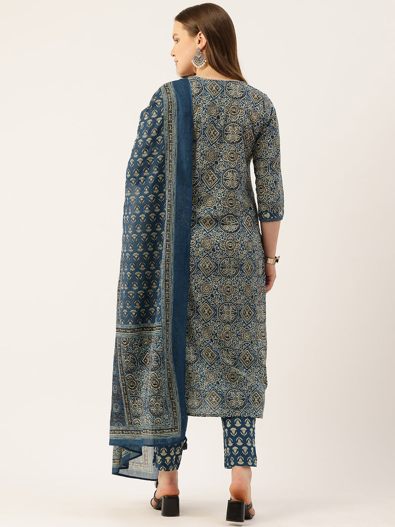 Straight Dupatta Sets - V-Neck, 3/4 Sleeves with Border Detailing, Elastic Waistband Pants with Pockets & Full-Length Dupatta (M-XXL)