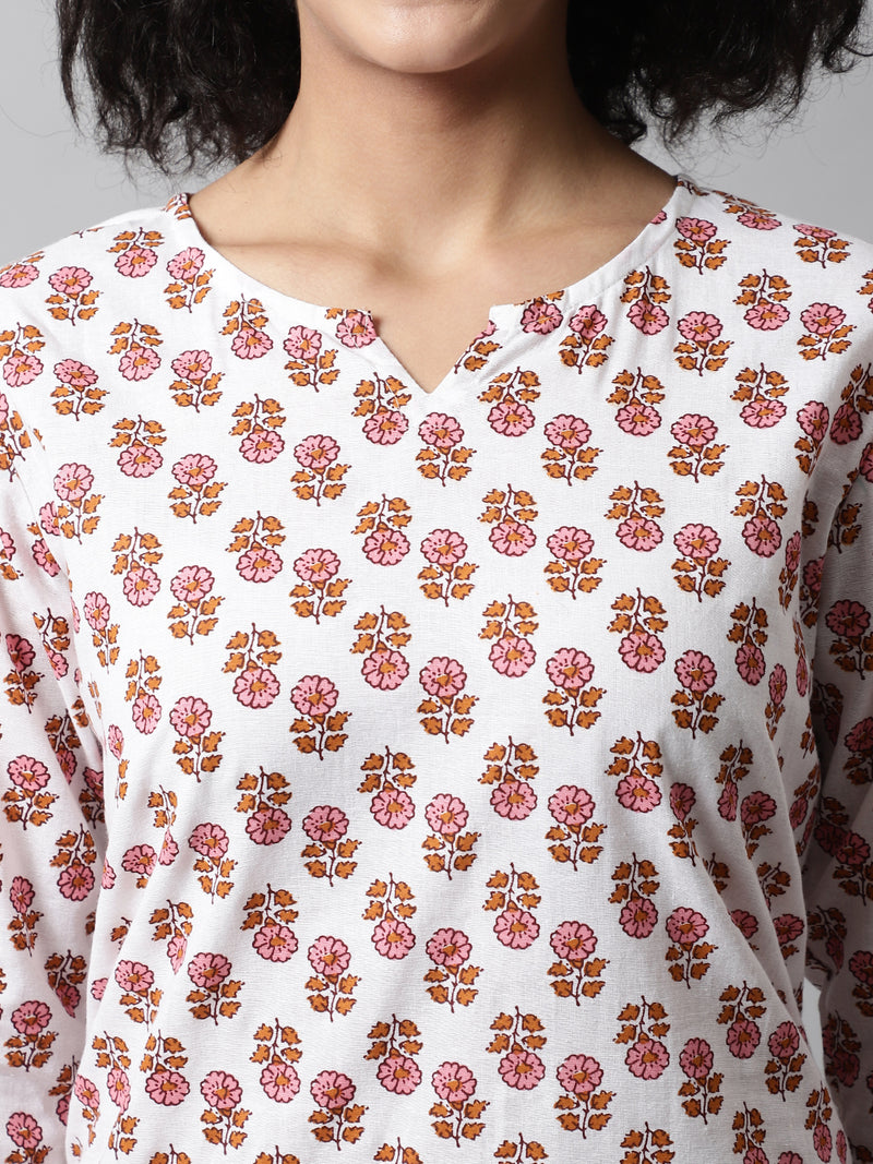 White Printed Cotton Night Suit with V-Neck Kurti & Ankle-Length Pants
