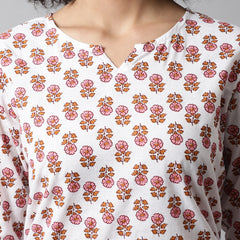 White Printed Cotton Night Suit with V-Neck Kurti & Ankle-Length Pants