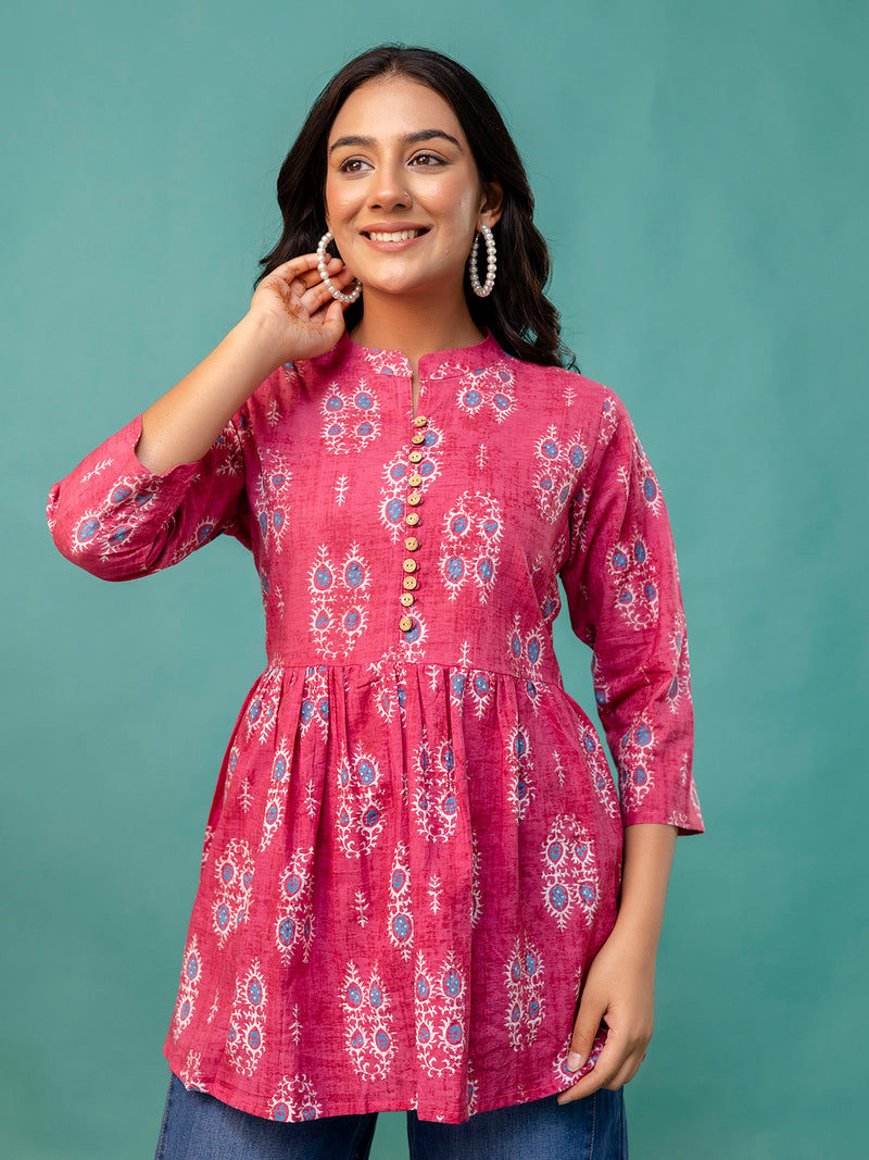 Top – Mandarin Collar, 3/4 Sleeves, Flattering Fit (Sizes S–XXL)