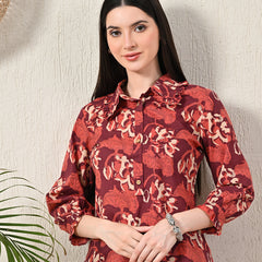 Maroon Elegant Collared Co-Ord Set with Frill Detail & Elasticated Pants