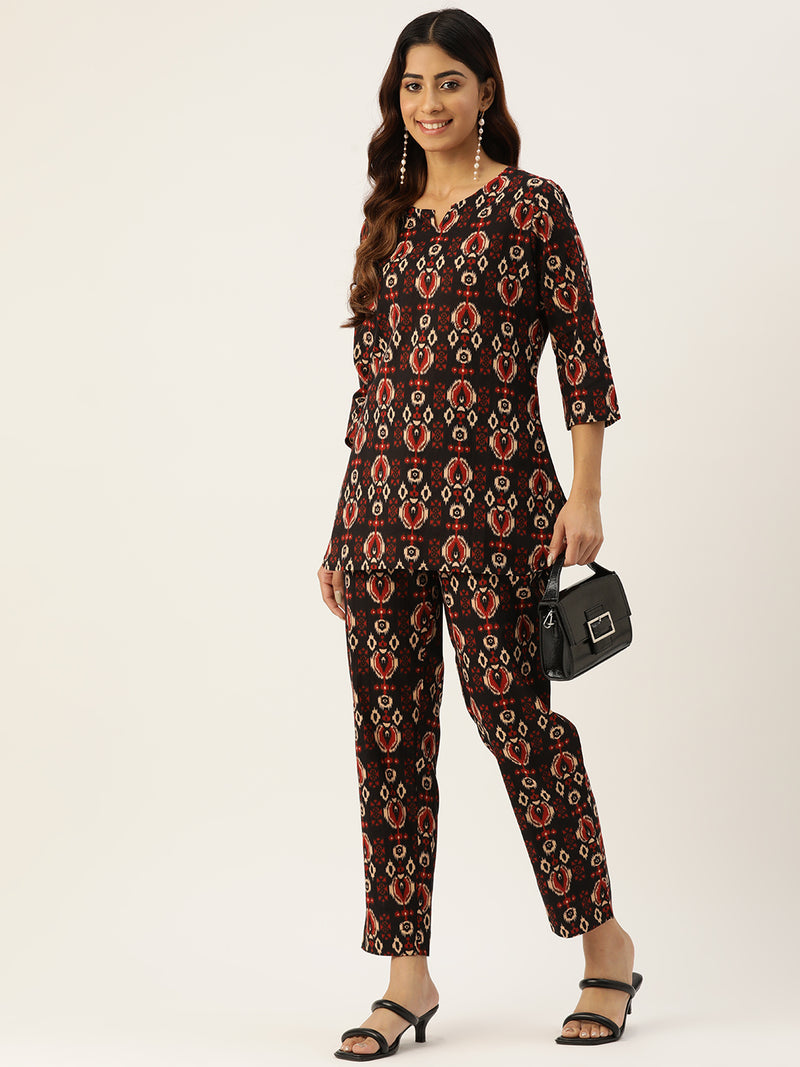 Black Printed Cotton Night Suit with V-Neck Kurti & Ankle-Length Pants