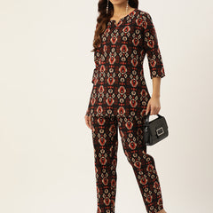 Black Printed Cotton Night Suit with V-Neck Kurti & Ankle-Length Pants