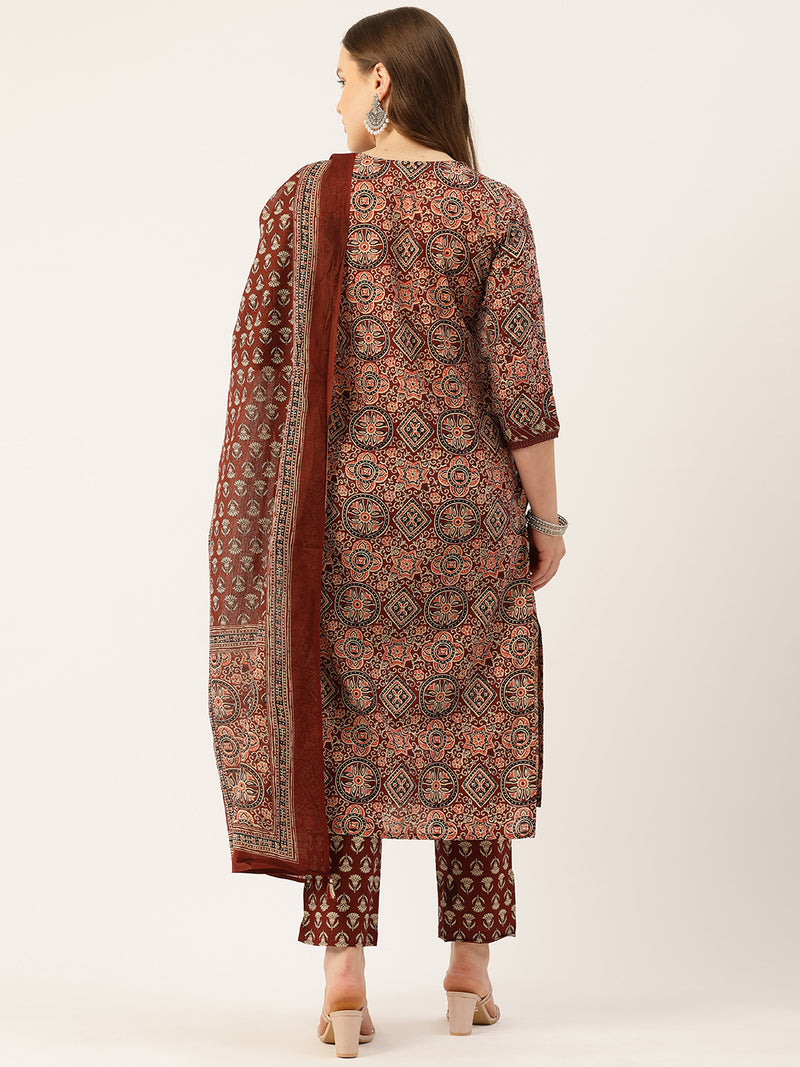 Straight Dupatta Sets - V-Neck, 3/4 Sleeves with Border Detailing, Elastic Waistband Pants with Pockets & Full-Length Dupatta (M-XXL)