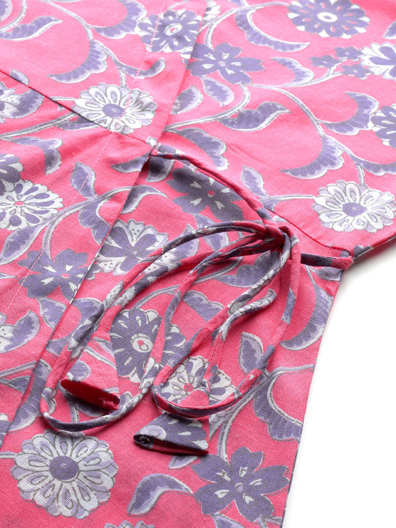 Floral Print Angrakha 3\4 Sleeves Flared Kurti