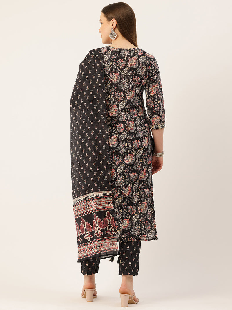 Straight Dupatta Sets - V-Neck, 3/4 Sleeves with Border Detailing, Elastic Waistband Pants with Pockets & Full-Length Dupatta (M-XXL)